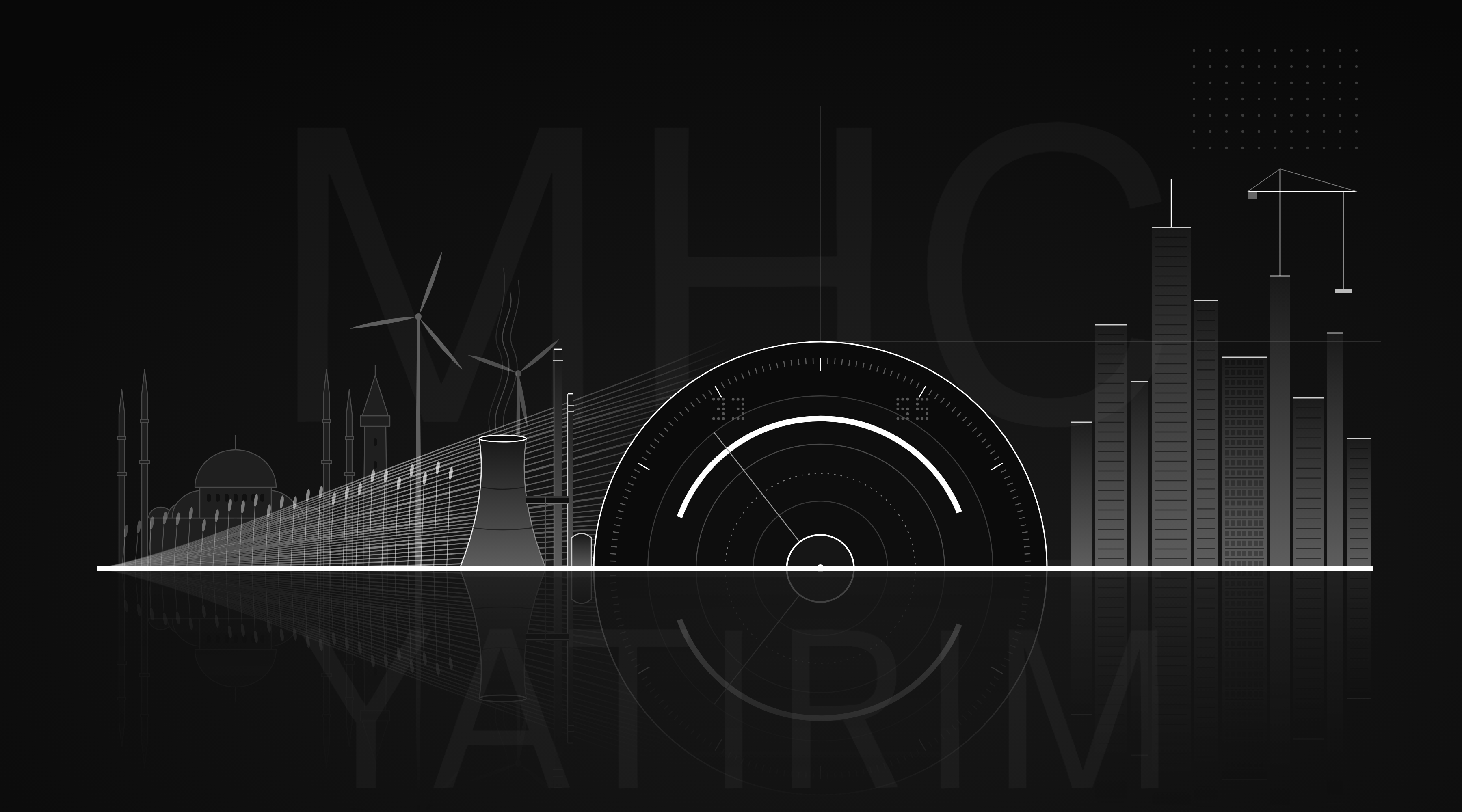 MHC YATIRIM logosu ve tarihi İstanbul silüetiyle enerji, üretim, tarım ve yapı sektörlerini buluşturan soyut çizim